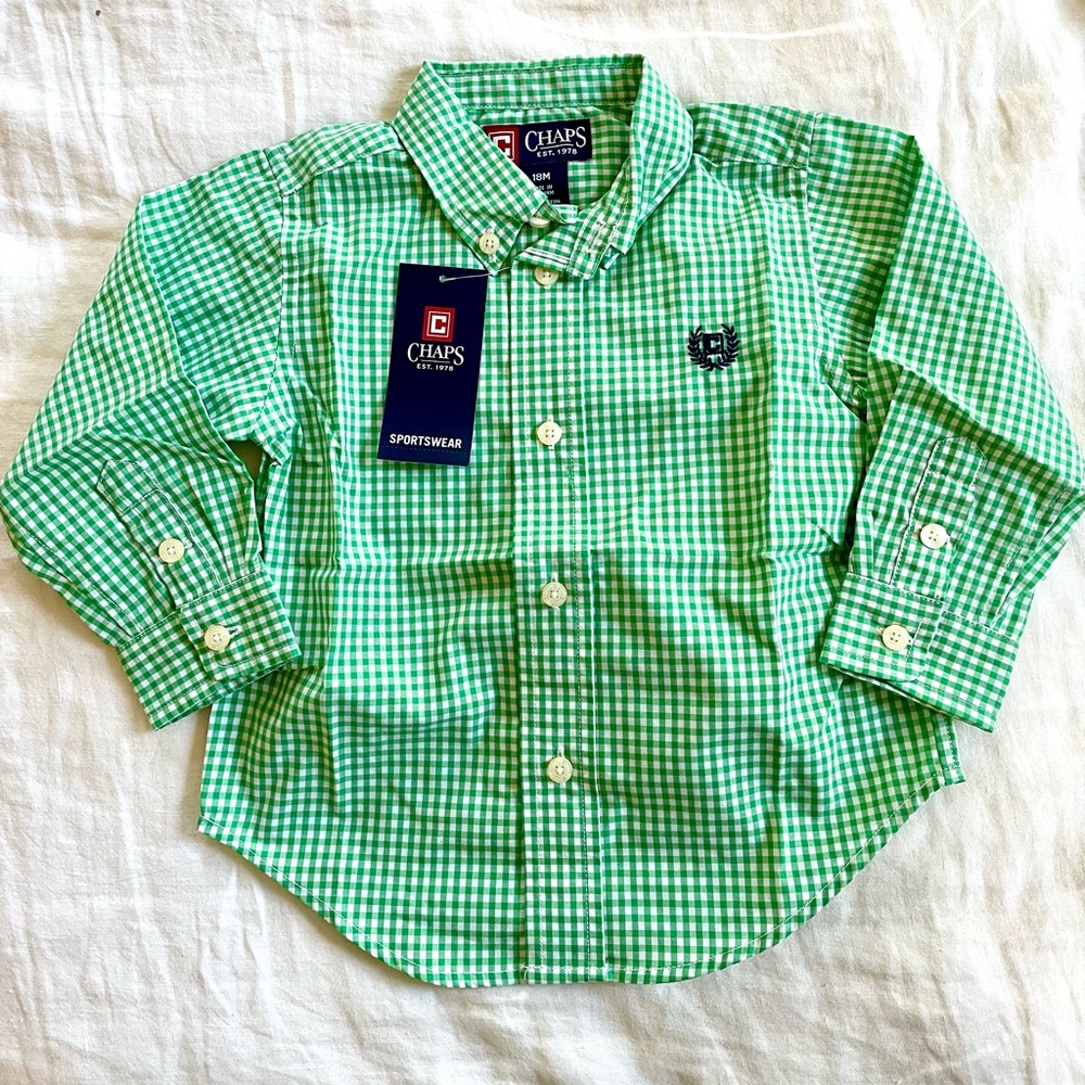 Chaps Toddler Boys Button-Down Shirt Green Gingham 18M NWT